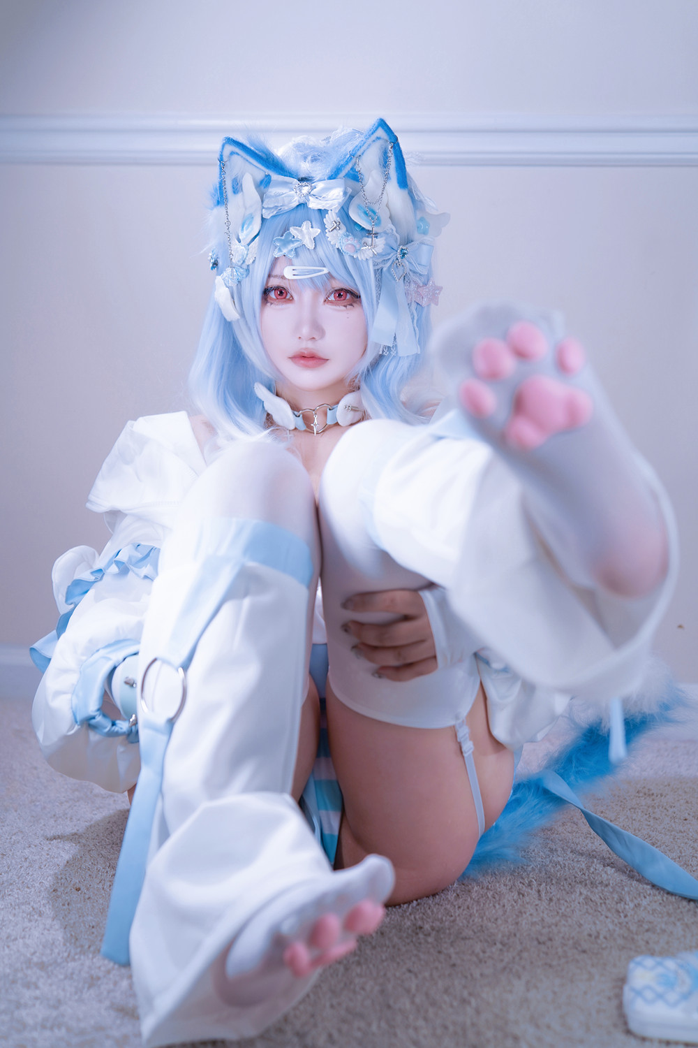 Cosplay 狐洛洛子 – 水色猫猫头