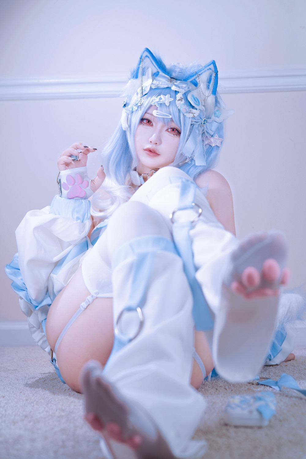 Cosplay 狐洛洛子 – 水色猫猫头