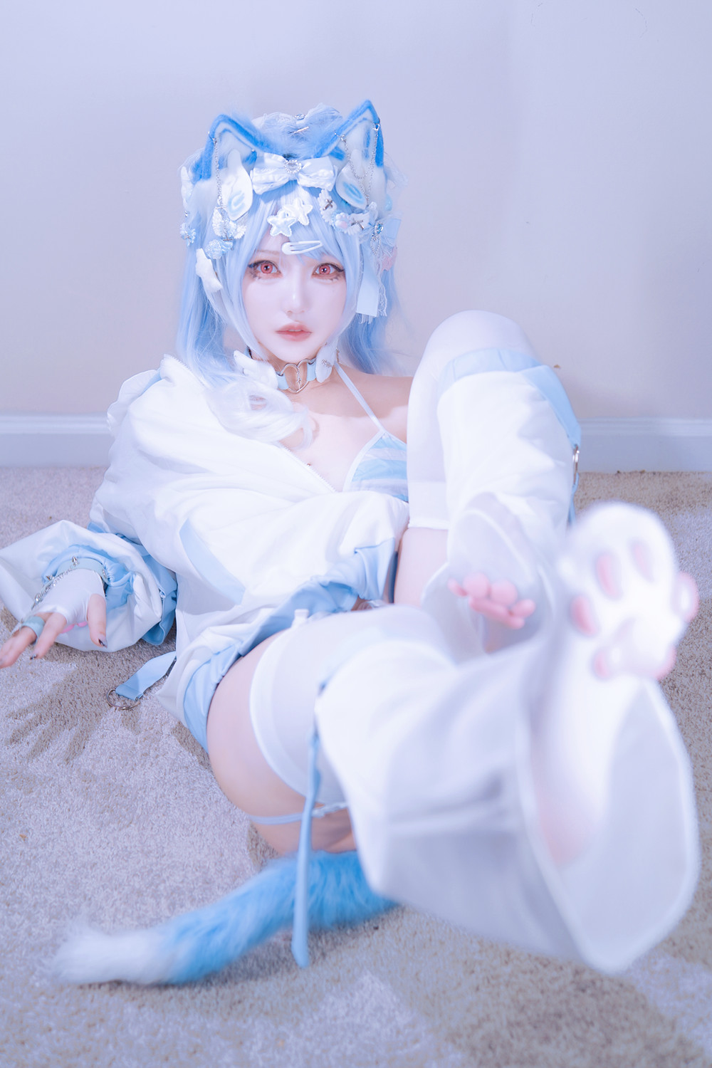 Cosplay 狐洛洛子 – 水色猫猫头